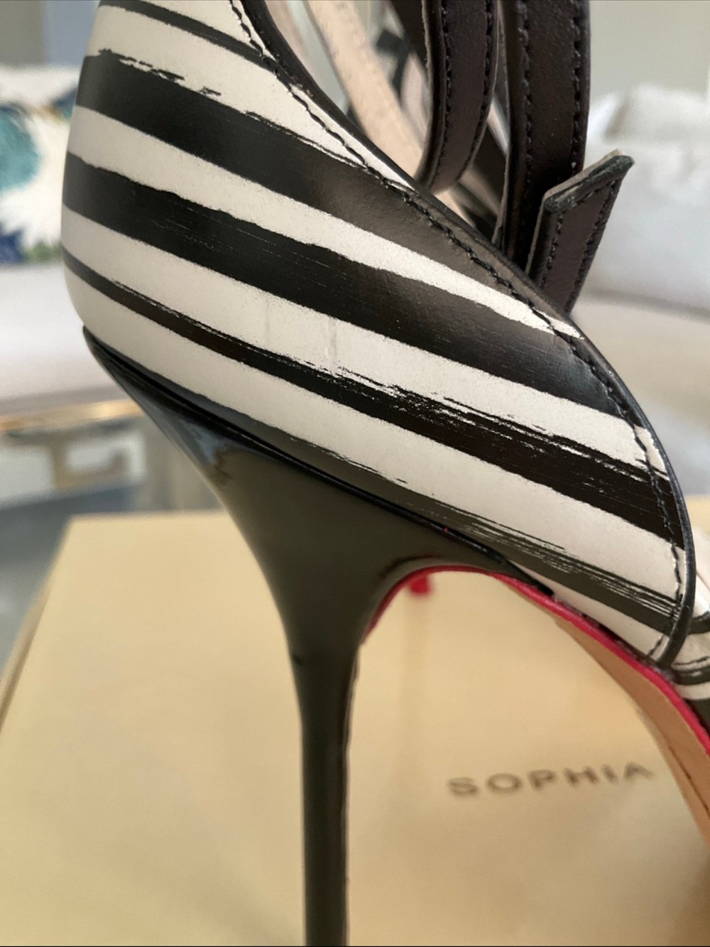 Sophia Webster Nicole black/white stripe red trim double ankle strap heels, 38.5 - Picture 9 of 13
